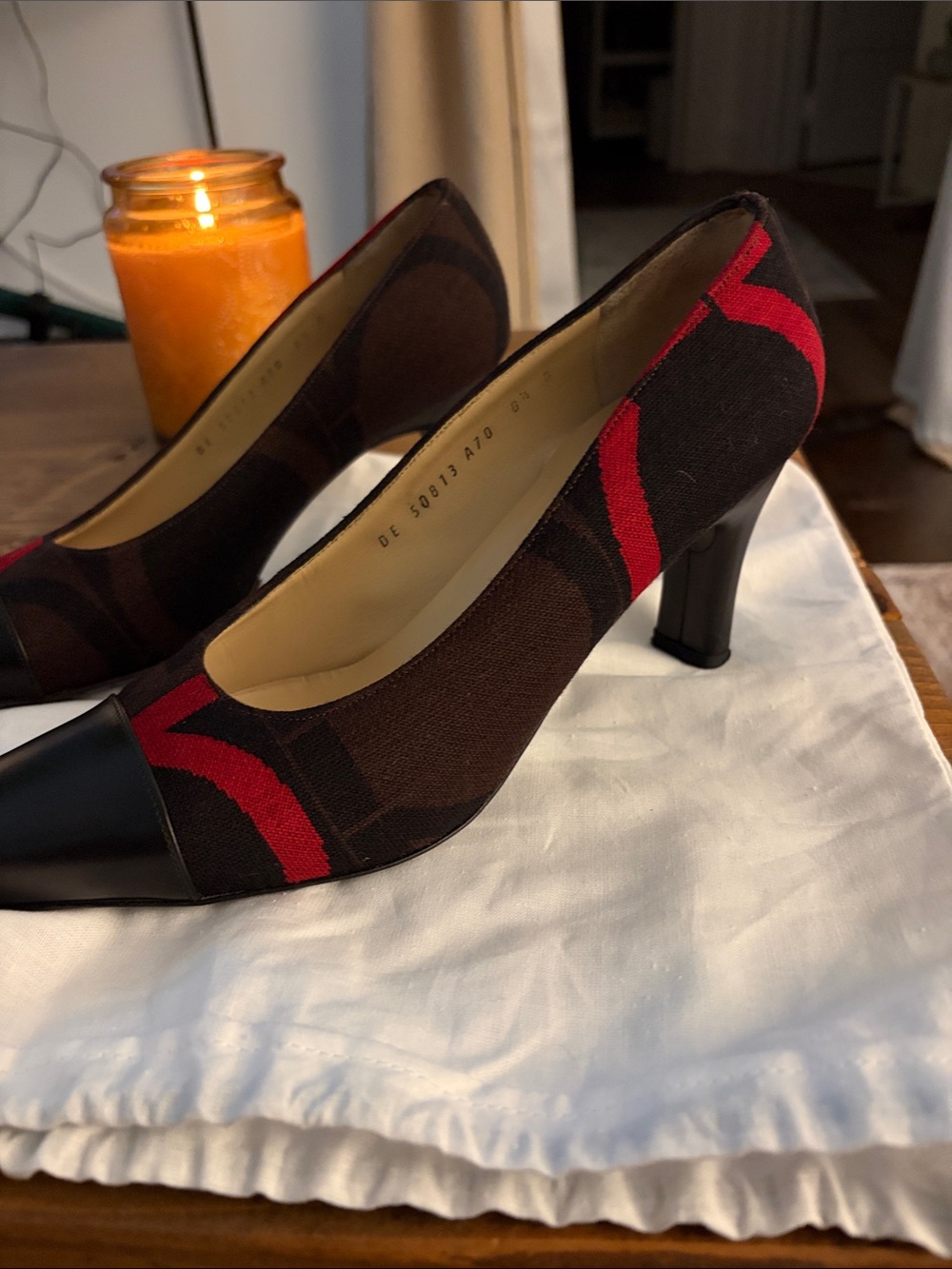 Salvatore Ferragamo Black and Red Canvas Leather Cap-Toe Pumps - Picture 2 of 4